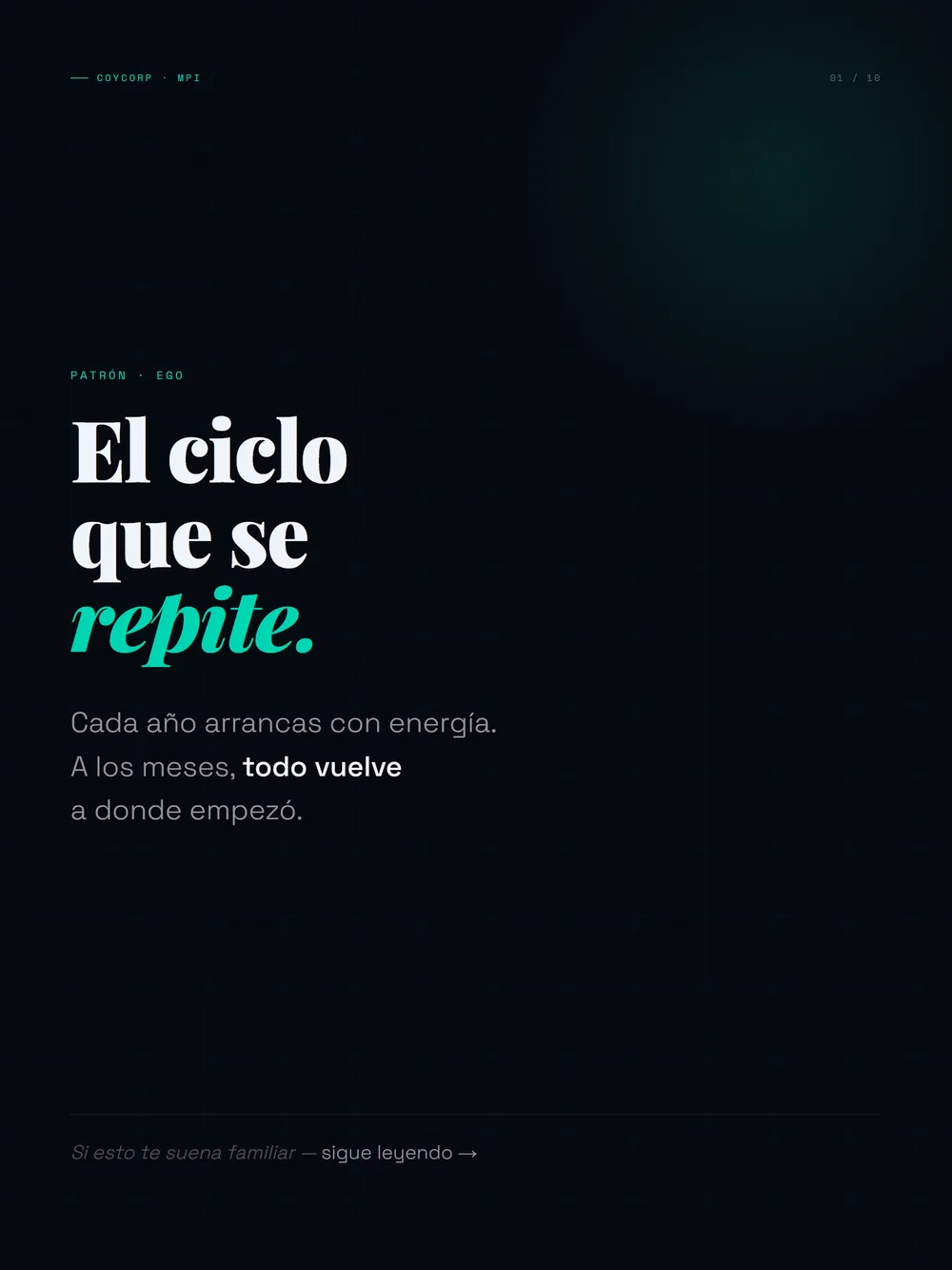 Publicación de Instagram y TikTok de CoyCorp sobre el patrón Ego: el ciclo que se repite. Cada año arrancas con energía, a los meses todo vuelve a donde empezó.